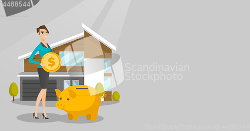 Image of Woman saving money in piggy bank for buying house.