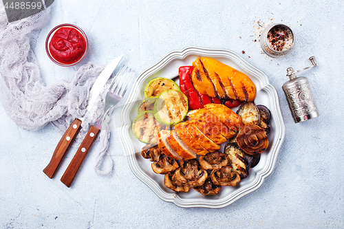 Image of chicken barbecue and grilled vegetables