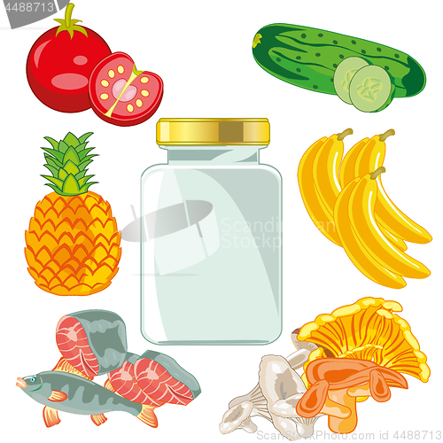 Image of Fruits and vegetables,fish,mushrooms and glass bank.Vector illustration