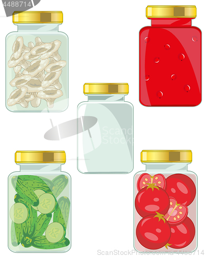 Image of Glass banks with canned meal mushrooms,vegetables,compote.Vector illustration