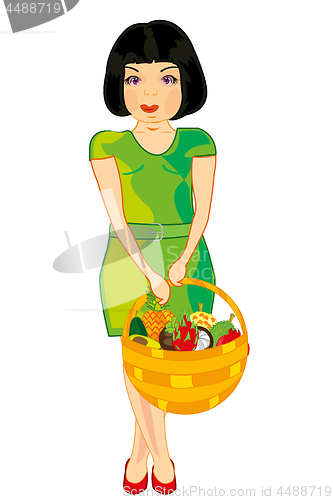 Image of Vector illustration of the young girl with braided basket full exotic fruit