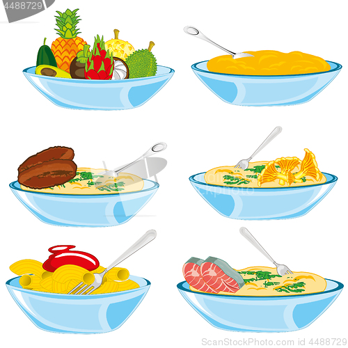 Image of Vector illustration of meal and fruit in plate