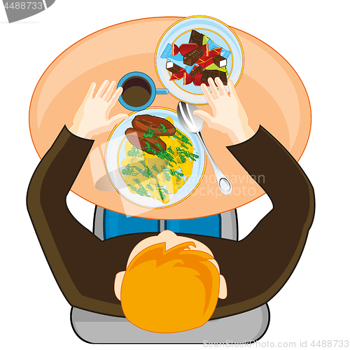 Image of Vector illustration men with meal at the table