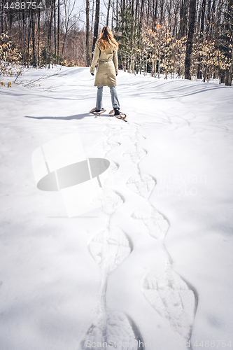 Image of Young woman in snow shoes walking in winter forest