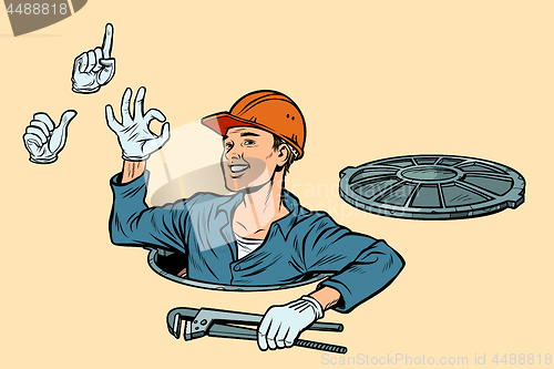 Image of Plumber in the manhole. set of gestures okay attention like