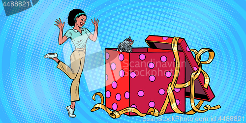 Image of dog puppy holiday gift box. African woman funny reaction joy