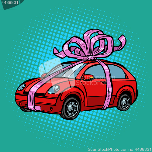 Image of car gift, transport tied with festive ribbons