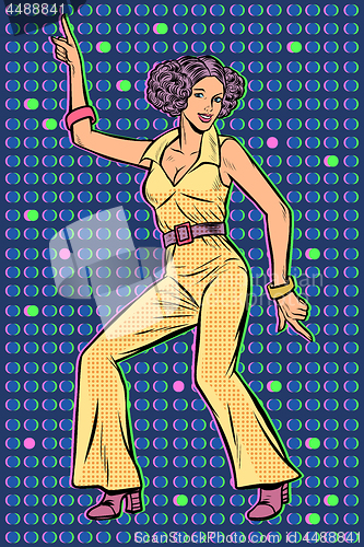 Image of girl in pantsuit. woman disco dance