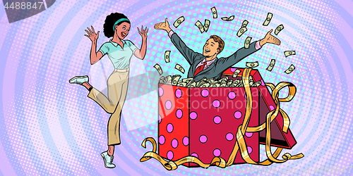 Image of businessman husband lots of money holiday gift box. African woman funny reaction joy