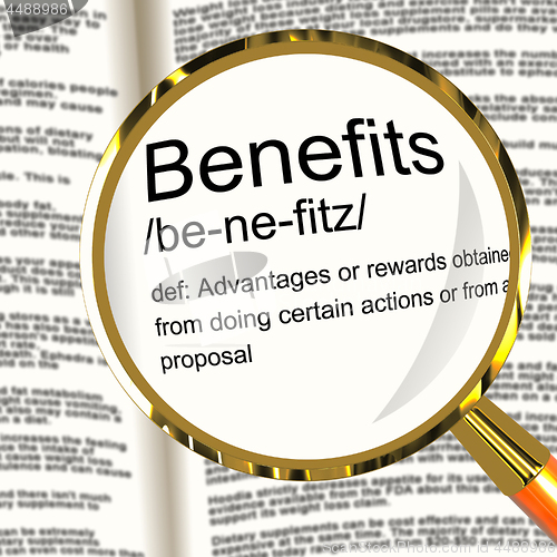 Image of Benefits Definition Magnifier Showing Bonus Perks Or Rewards