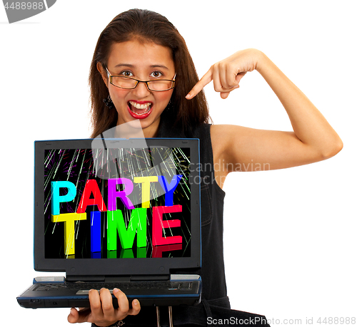 Image of Girl With Party Time On Screen Showing Celebration