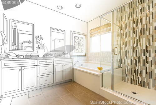 Image of Custom Master Bathroom Design Drawing Gradating to Finished Phot