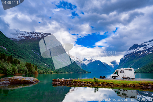 Image of Family vacation travel RV, holiday trip in motorhome