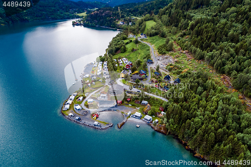 Image of Beautiful Nature Norway Aerial view of the campsite to relax.