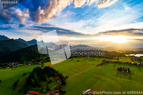 Image of Panorama from the air sunset Forggensee and Schwangau, Germany, 