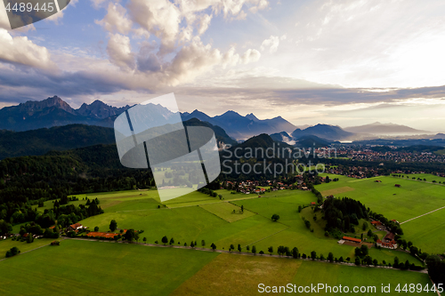 Image of Panorama from the air sunset Forggensee and Schwangau, Germany, 