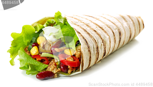 Image of Tortilla wrap with fried minced meat and vegetables