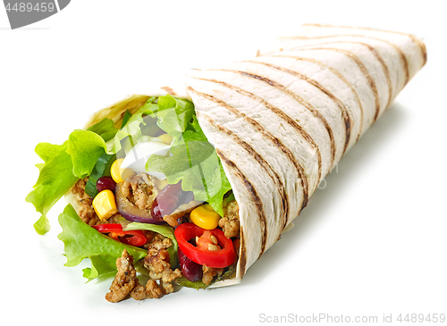 Image of Tortilla wrap with fried minced meat and vegetables