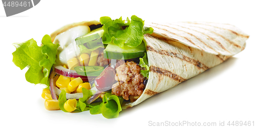 Image of Tortilla wrap with fried minced meat and vegetables