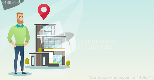 Image of Realtor on background of house with map pointer.