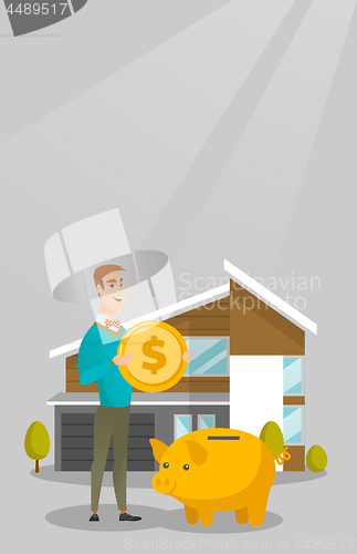 Image of Man saving money in piggy bank for buying house.