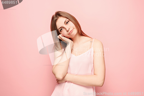 Image of Beautiful bored woman bored isolated on pink background