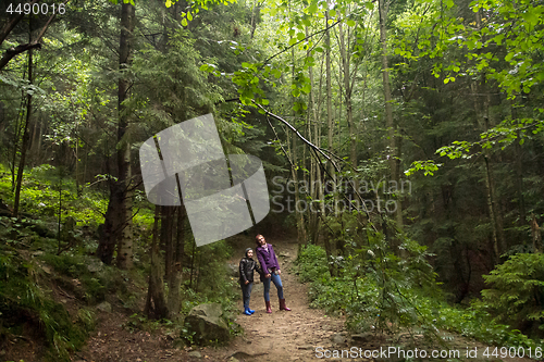 Image of Mother and son in the mystic green foggy forest