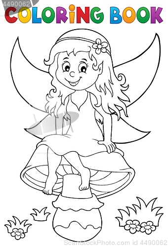 Image of Coloring book fairy sitting on mushroom