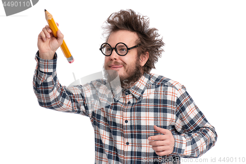 Image of Crazy bearded man with big pencil