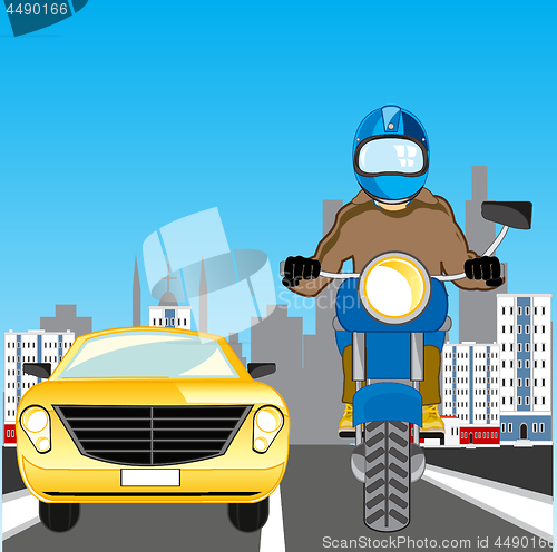 Image of Motorcycle and car go on town road