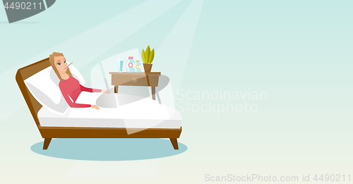 Image of Sick woman with thermometer laying in bed.