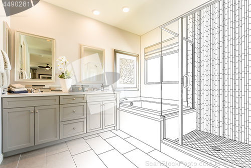 Image of Custom Master Bathroom Design Drawing Gradating to Finished Phot