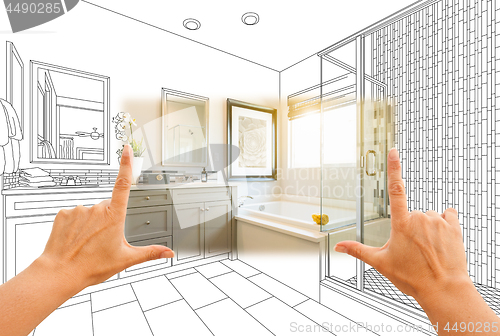 Image of Hands Framing Custom Master Bathroom Photo Section with Drawing 