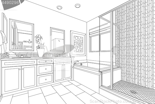 Image of Detailed Drawing of A Custom Master Bathroom on White