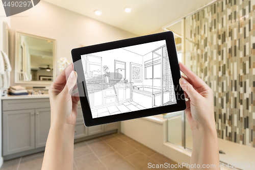 Image of Hands Holding Computer Tablet with Master Bathroom Drawing on Sc