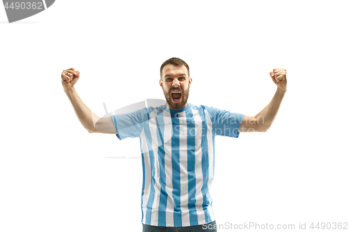 Image of The Argentinean soccer fan celebrating on white background