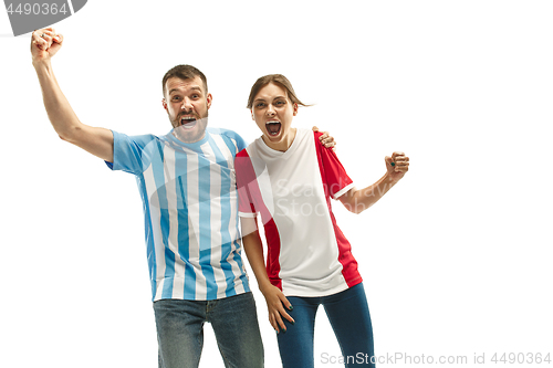 Image of The soccer fans celebrating on white background