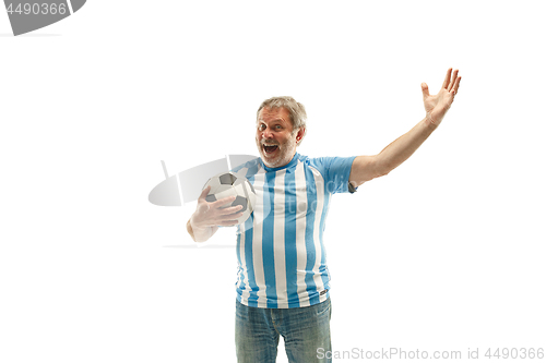 Image of The Argentinean soccer fan celebrating on white background