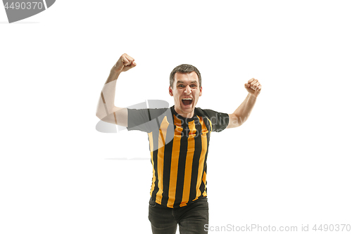 Image of The Belgian soccer fan celebrating on white background