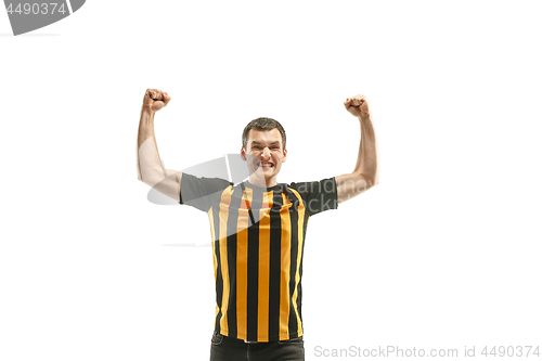 Image of The Belgian soccer fan celebrating on white background