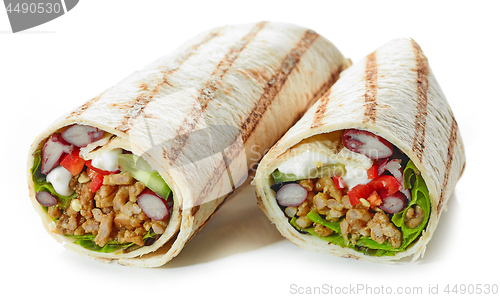 Image of Tortilla wrap with fried minced meat and vegetables
