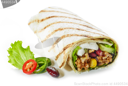 Image of Tortilla wrap with fried minced meat and vegetables