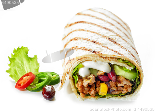 Image of Tortilla wrap with fried minced meat and vegetables