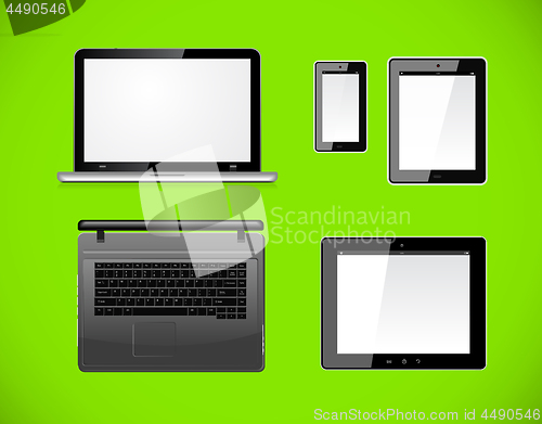 Image of Laptop, tablet pc computer and mobile smartphone with a blank screen. Isolated on a green background. Vector