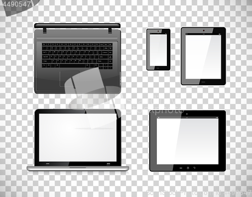 Image of Laptop, tablet pc computer and mobile smartphone with a blank screen. Isolated on a checkered transparency background. Vector