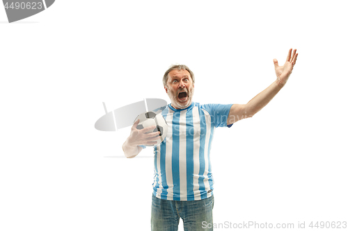 Image of The Argentinean soccer fan celebrating on white background