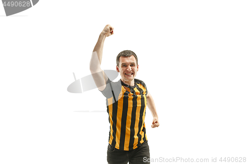 Image of The Belgian soccer fan celebrating on white background