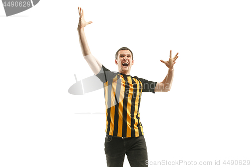 Image of The Belgian soccer fan celebrating on white background