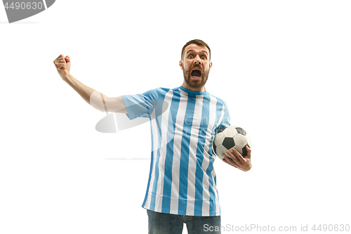 Image of The Argentinean soccer fan celebrating on white background