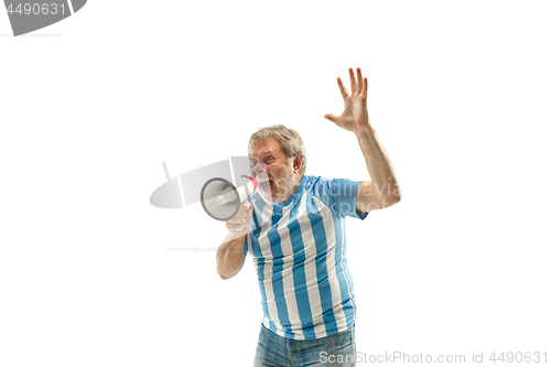 Image of The Argentinean soccer fan celebrating on white background